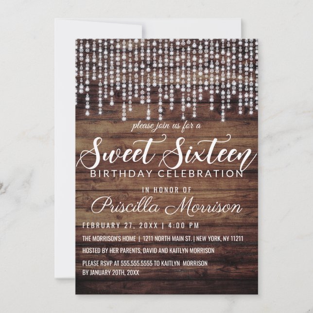 Rustic Wood Hanging Diamond Lights Sweet 16 Invitation (Front)