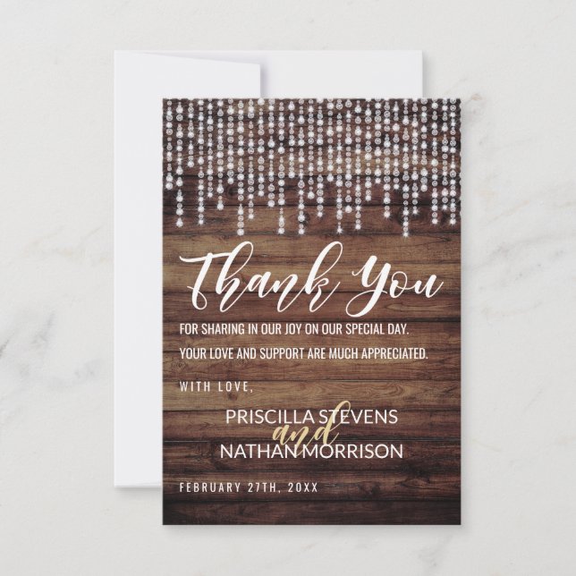 Rustic Wood Hanging Diamond Lights Thank You Card (Front)