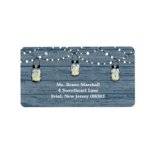 Rustic Wood Hanging Mason Jars and Lights Wedding Label