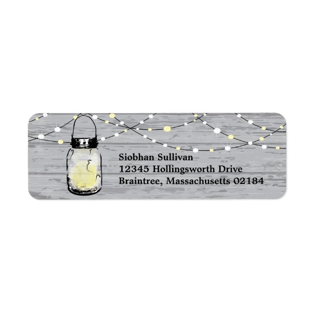 Rustic Wood Hanging Mason Jars and Lights Wedding Label (Front)