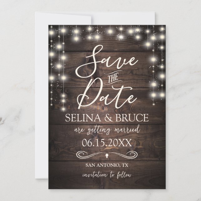 Rustic Wood Hanging String Lights Save the Date Invitation (Front)