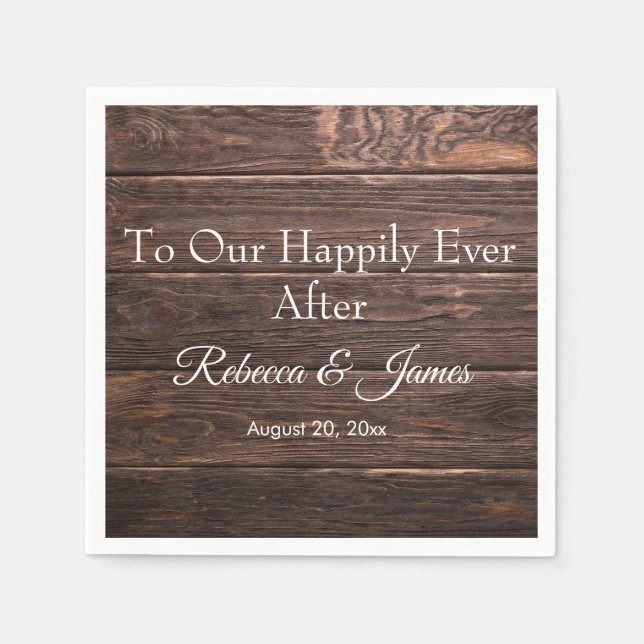 Rustic Wood Happily Ever After Wedding Party Napkins (Front)