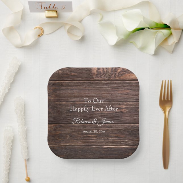 Rustic Wood Happily Ever After Wedding Party Paper Plates (Wedding)