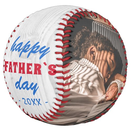 Rustic Wood Happy Father`s Day 2 Photo  Softball - Rustic Wood Happy Father`s Day 2 Photo Collage Softball. Bright rustic wood background. Personalize it with two photos and year. You can change any text on the softball or erase it. This personalized softball is a perfect gift for a dad or a new dad on a Father`s day.