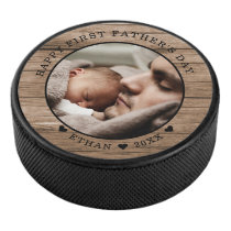 Rustic Wood Happy First Father's Day Photo  Hockey Puck