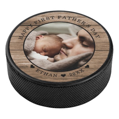 Rustic Wood Happy First Fathers Day Photo  Hockey Puck