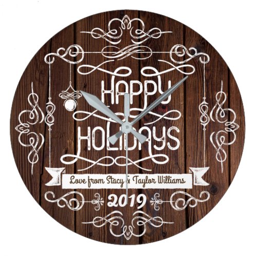 Rustic Wood Happy Holidays Christmas Typography Large Clock