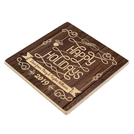 Rustic Wood Happy Holidays Christmas Typography Wooden Coaster