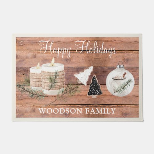Rustic Wood Happy Holidays Family Name Doormat