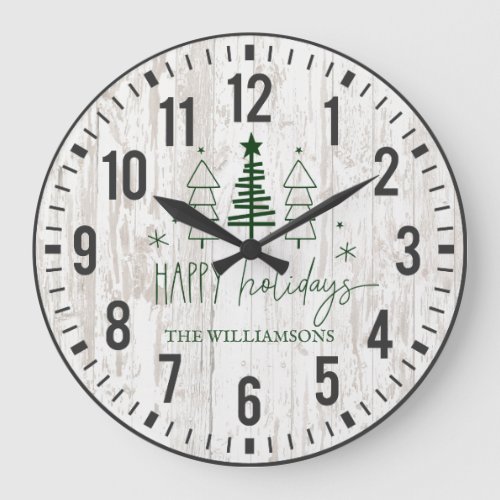 Rustic Wood Happy Holidays Trees Family Name  Large Clock