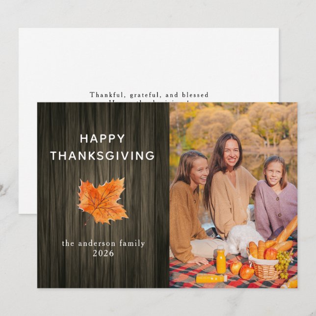 Rustic Wood Happy Thanksgiving Autumn Photo Holiday Card (Front/Back)