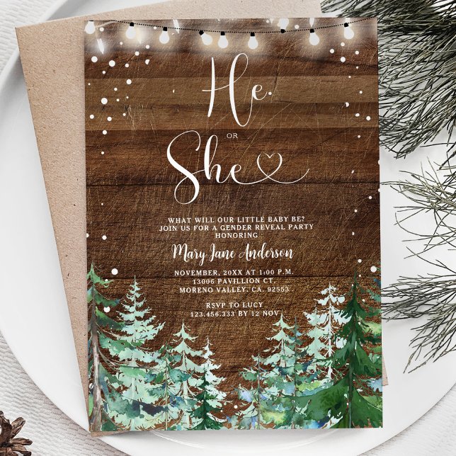 Rustic Wood He or She Winter Gender Reveal Invitation (Creator Uploaded)