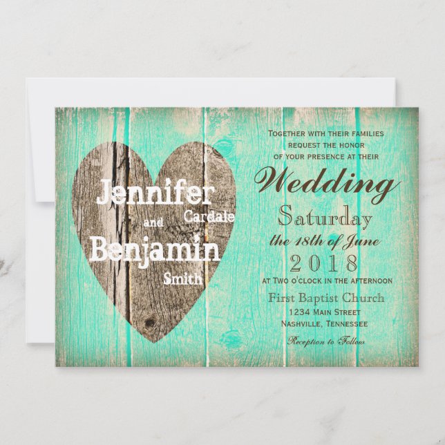 Rustic Wood Heart Aqua Country Wedding Invitations (Front)