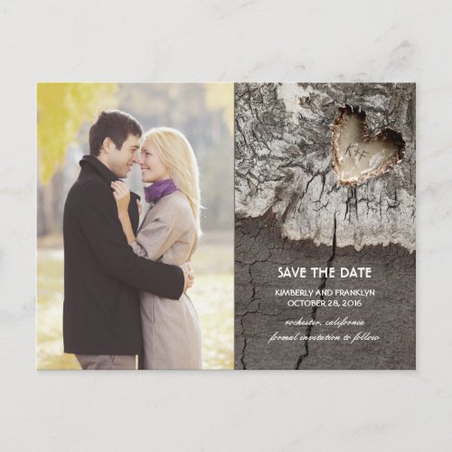 Rustic Wood Heart Birch Bark Photo Save the Date Announcement Postcard - Rustic tree wood heart carving - birch bark photo save the date postcards