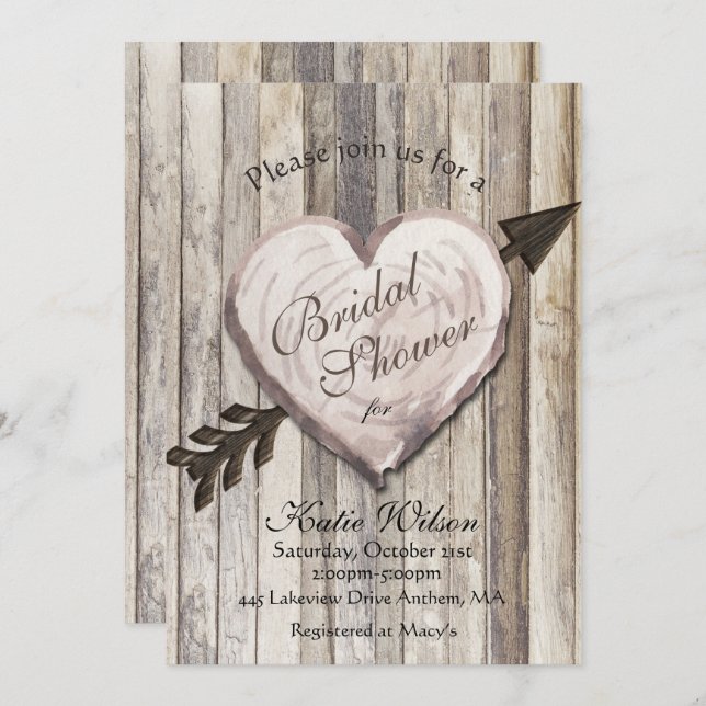 Rustic Wood Heart Bridal Shower Invitation (Front/Back)