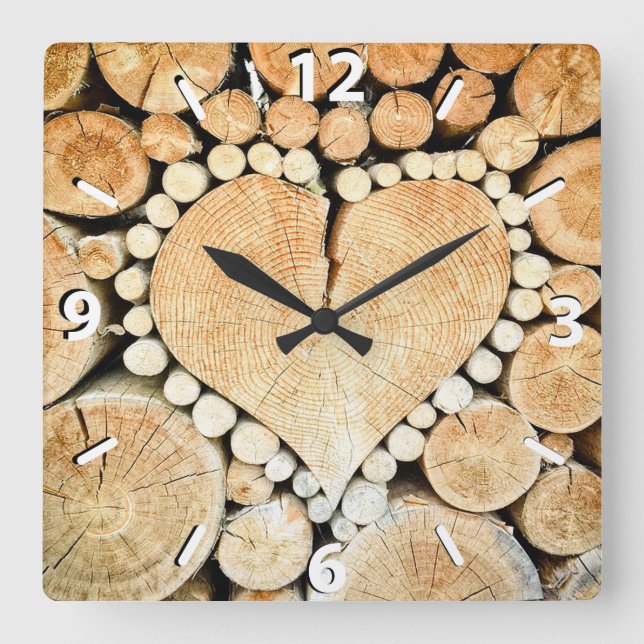 Rustic, Wood Heart, Country Square Wall Clock (Front)