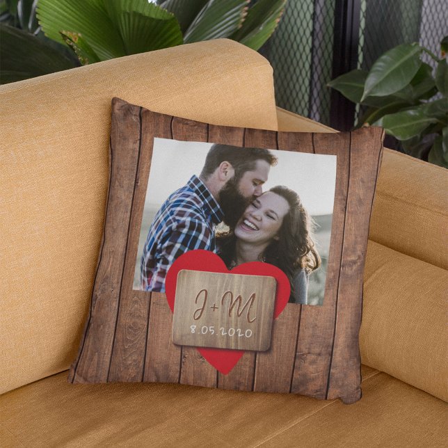 Rustic wood heart couple photo monogram initials  throw pillow (Creator Uploaded)