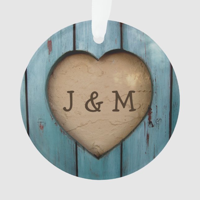 Rustic Wood Heart Custom Year Initial Favor Ornament (Front)