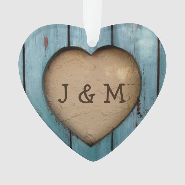Rustic Wood Heart Custom Year Initial Favor Ornament (Front)