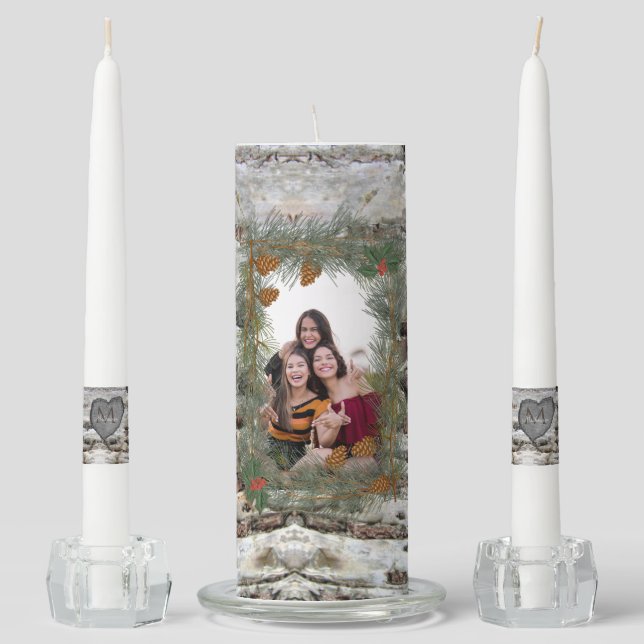 Rustic Wood Heart Family Photo Mantle Candle Set (Front)
