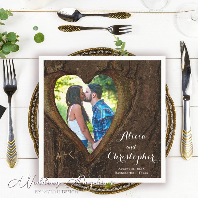 Rustic Wood Heart Photo Wedding Napkins (Creator Uploaded)