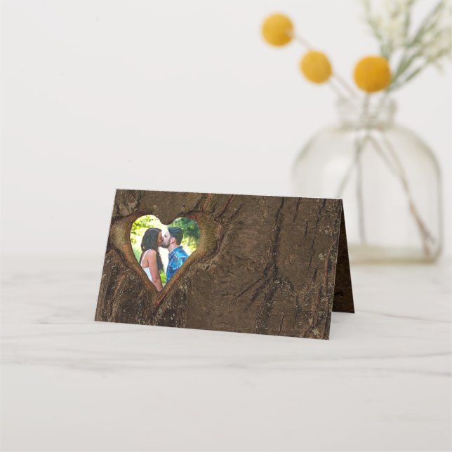Rustic Wood Heart Photo Wedding Place Card (Front)