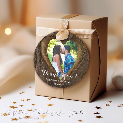 Rustic Wood Heart Photo Wedding Thank You Classic Round Sticker