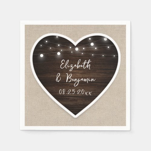 Rustic Wood Heart String Lights Burlap Wedding Napkins