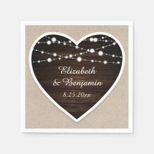 Rustic Wood Heart String Lights Burlap Wedding Napkins