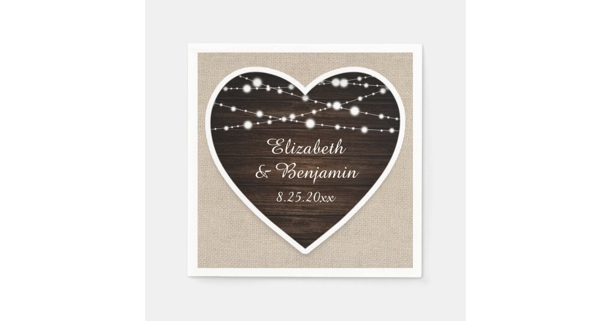 Rustic Wood Heart String Lights Burlap Wedding Napkins | Zazzle