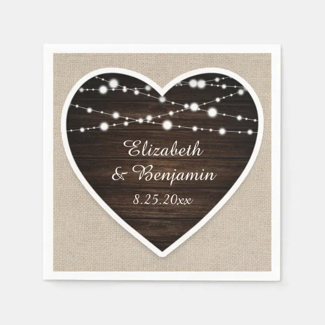 Rustic Wood Heart String Lights Burlap Wedding Napkins | Zazzle