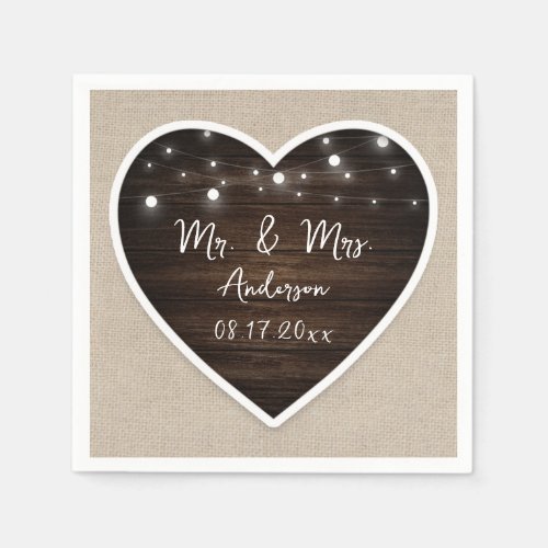 Rustic Wood Heart String Lights Mr and Mrs Wedding Napkins