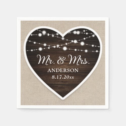 Rustic Wood Heart String Lights Mr and Mrs Wedding Napkins