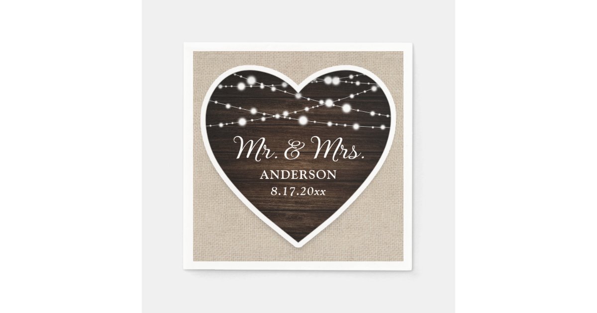 Rustic Wood Heart String Lights Mr and Mrs Wedding Napkins | Zazzle