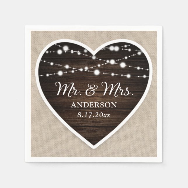 Rustic Wood Heart String Lights Mr and Mrs Wedding Napkins (Front)