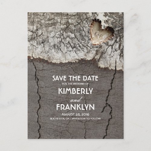 Rustic Wood Heart Tree Bark Save the Date Announcement Postcard - Rustic country save the date with carved wood heart
