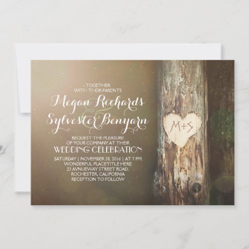 rustic wood heart tree country wedding invitation
