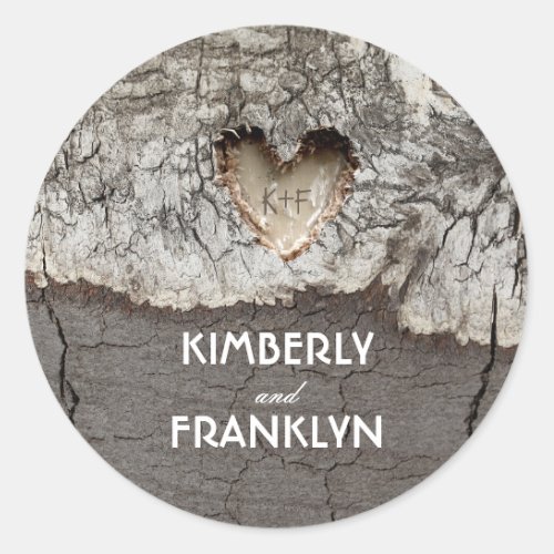 Rustic Wood Heart Tree Wedding Classic Round Sticker - Carved wood heart - rustic tree wedding seals