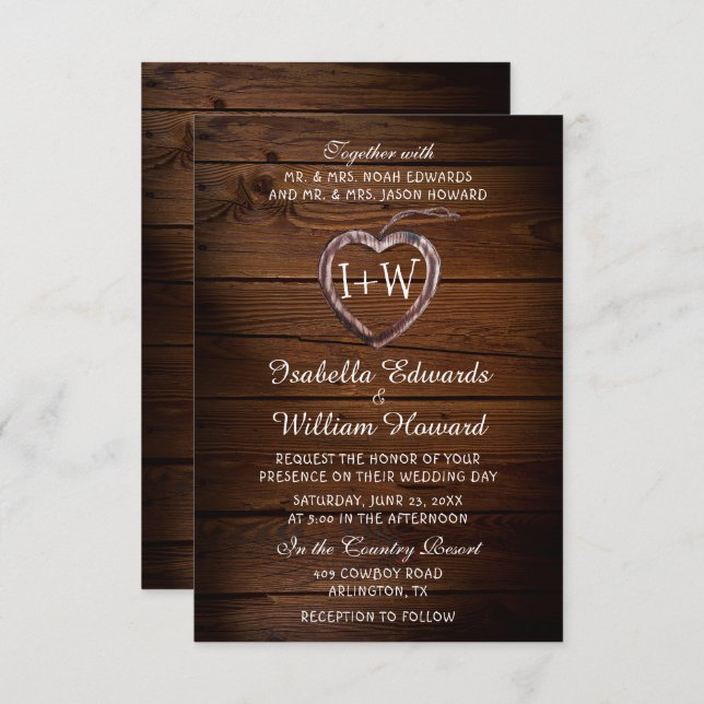 Rustic Wood Heart Wedding Invitation (Front/Back)