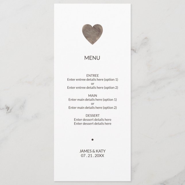 Rustic wood heart wedding menu (Front)