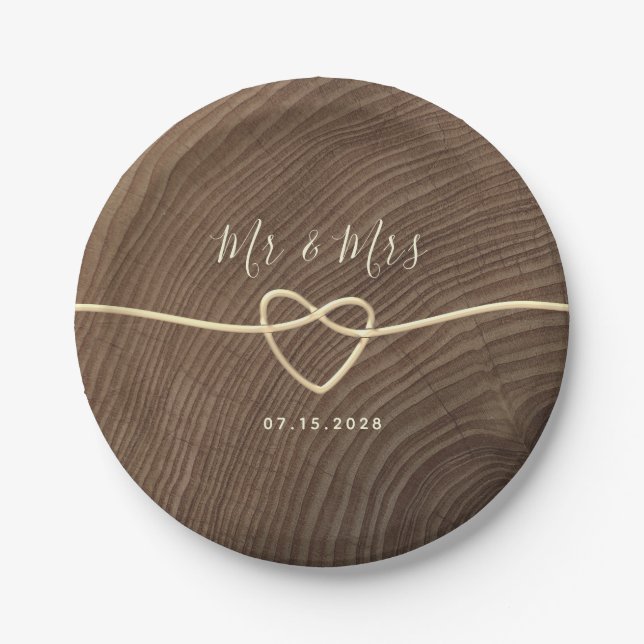 Rustic Wood Heart Wedding Paper Plates (Front)