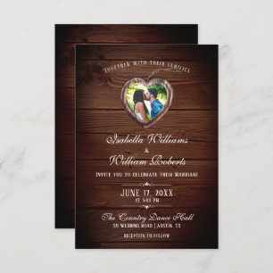 Rustic Wood Heart Wedding Photo Invitation