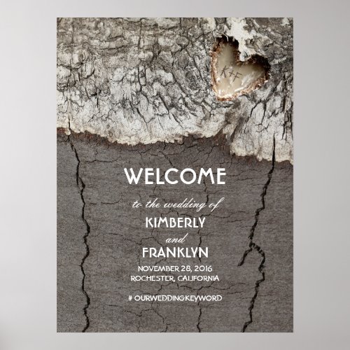 Rustic Wood Heart Wedding Welcome Sign - Rustic country wood heart carving wedding welcome sign poster