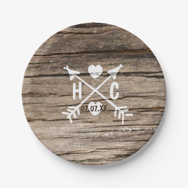 Rustic Wood Hearts & Arrows Country Wedding Plates (Front)