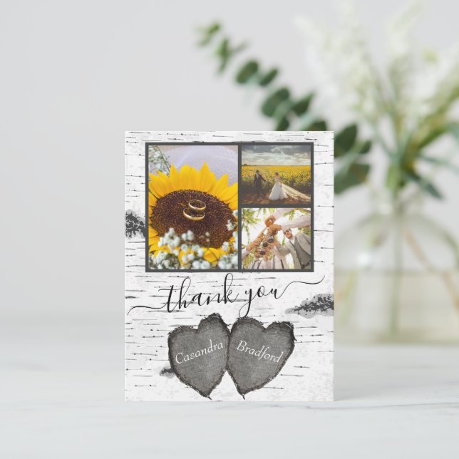 Rustic Wood Hearts Aspen 3 photo collage Wedding T Thank You Card (Standing Front)