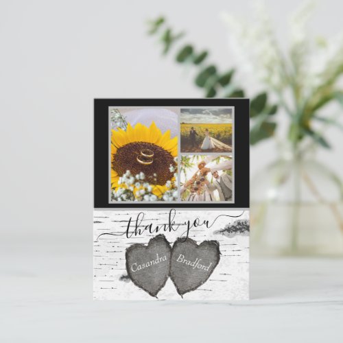 Rustic Wood Hearts Aspen 3 photo collage Wedding T Thank You Card