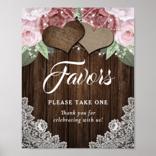 Rustic Wood Hearts Blush Pink Floral Wedding Favor Poster