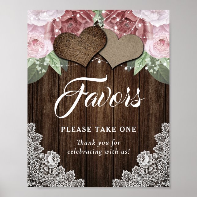Rustic Wood Hearts Blush Pink Floral Wedding Favor Poster (Front)