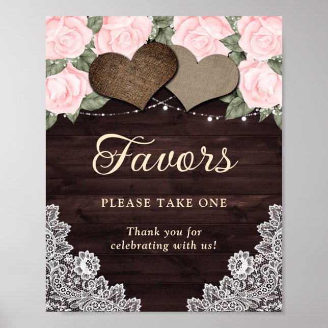 Rustic Wood Hearts Blush Pink Floral Wedding Favor Poster (Front)