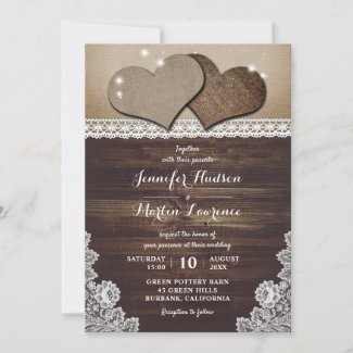 Rustic Wood Hearts Burlap and Lace Wedding Invitation